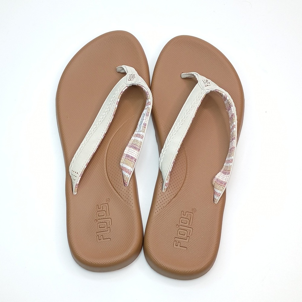 Flojos Sandals Flip Flops Women Size 8 Brown Cream Woven Fabric Strap - Picture 6 of 8